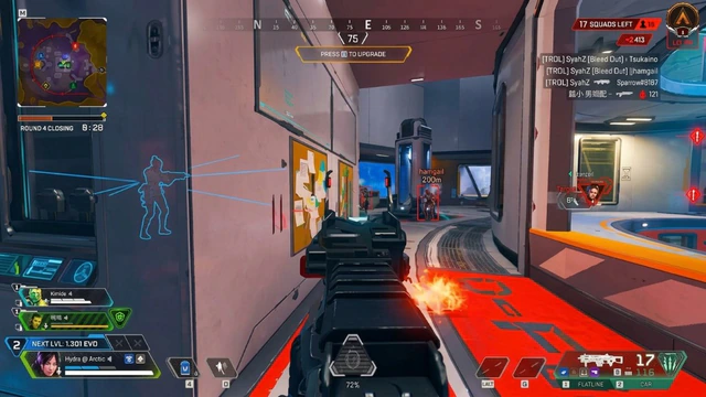 Apex Legends blue wireframe and red box ESP in a white facility